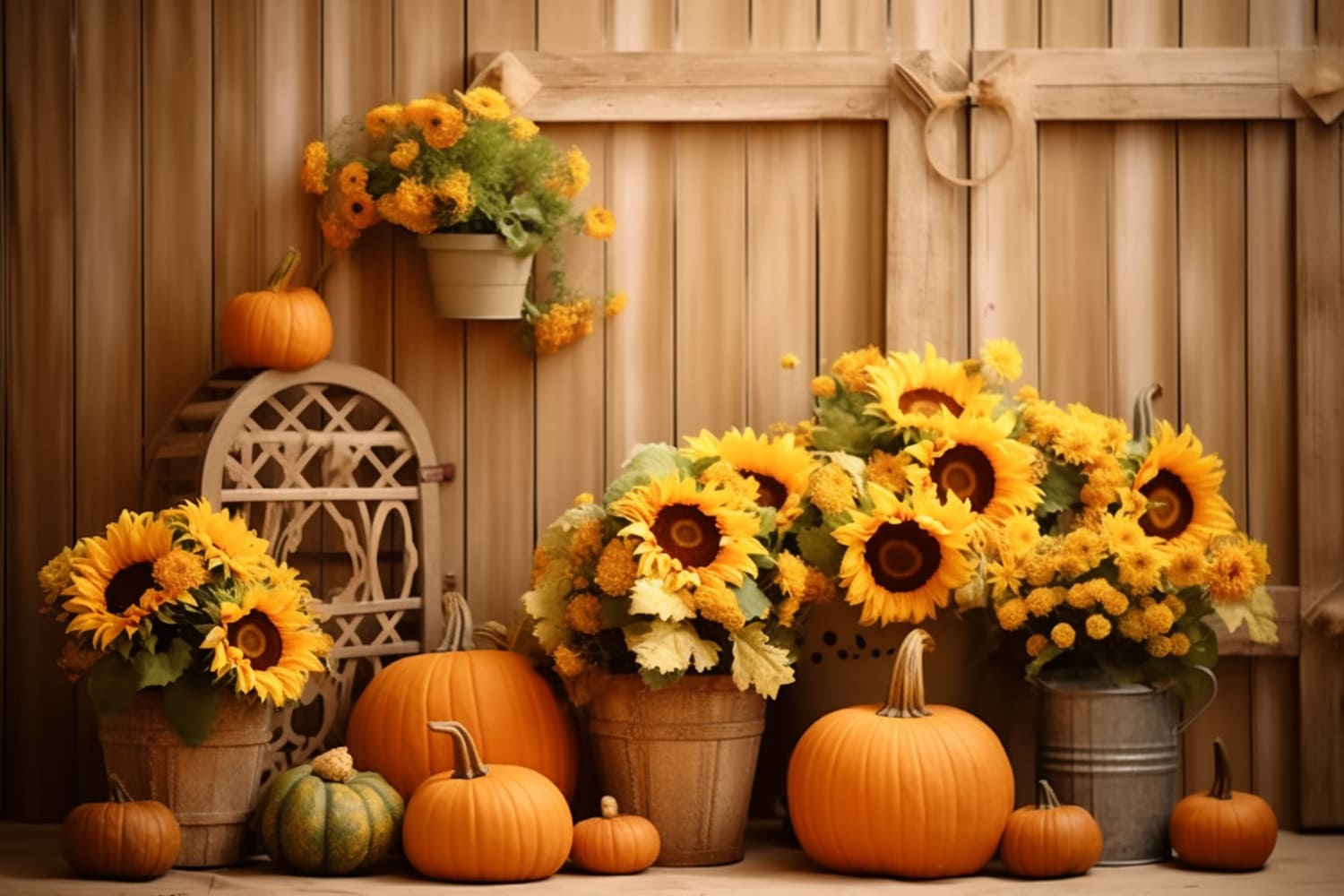 Herbst Scheune Sonnenblume Strauß Kürbis Hintergrund RR7-122