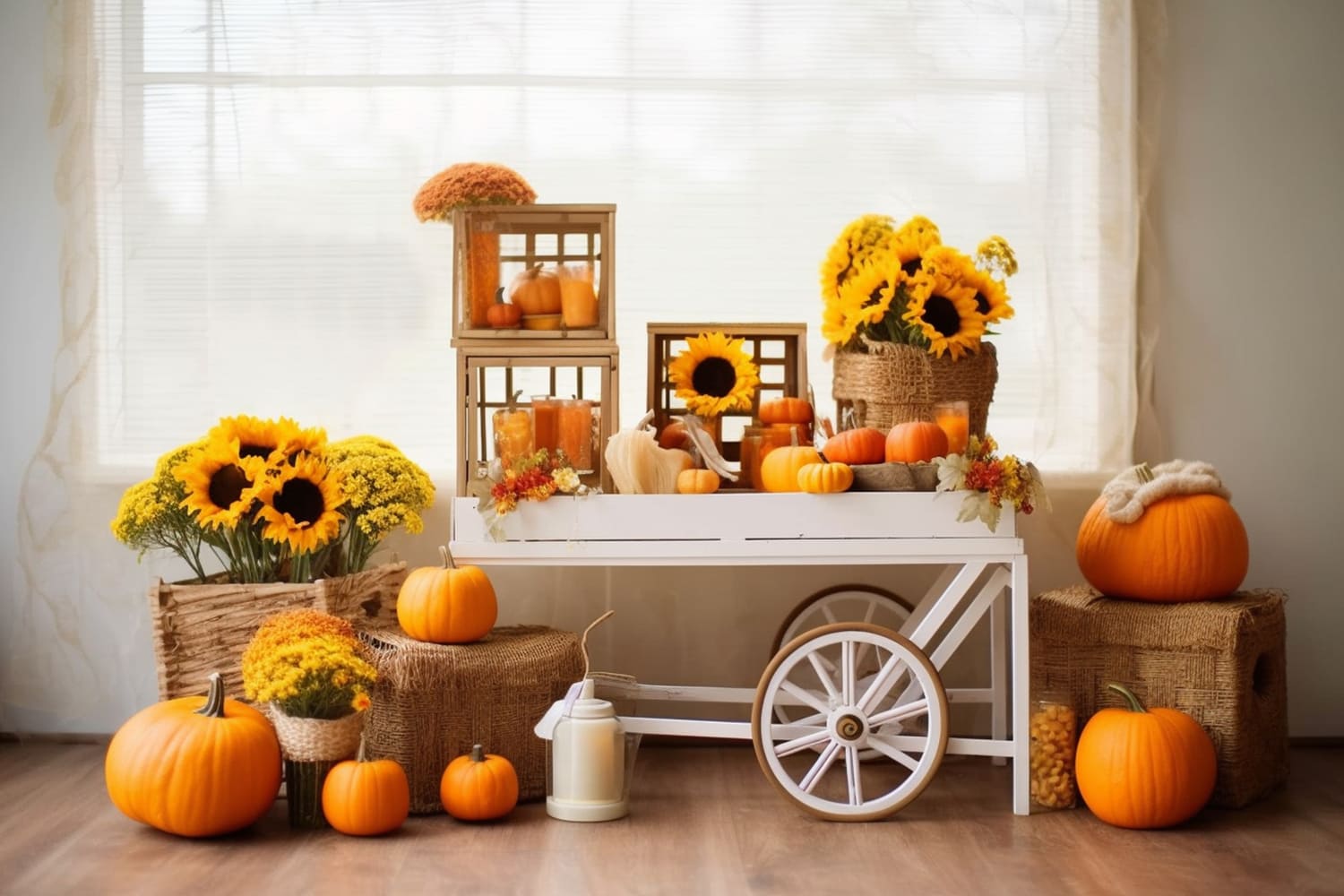 Sonnenblumen-Kürbis-Wagen Herbst-Hintergrund RR7-131