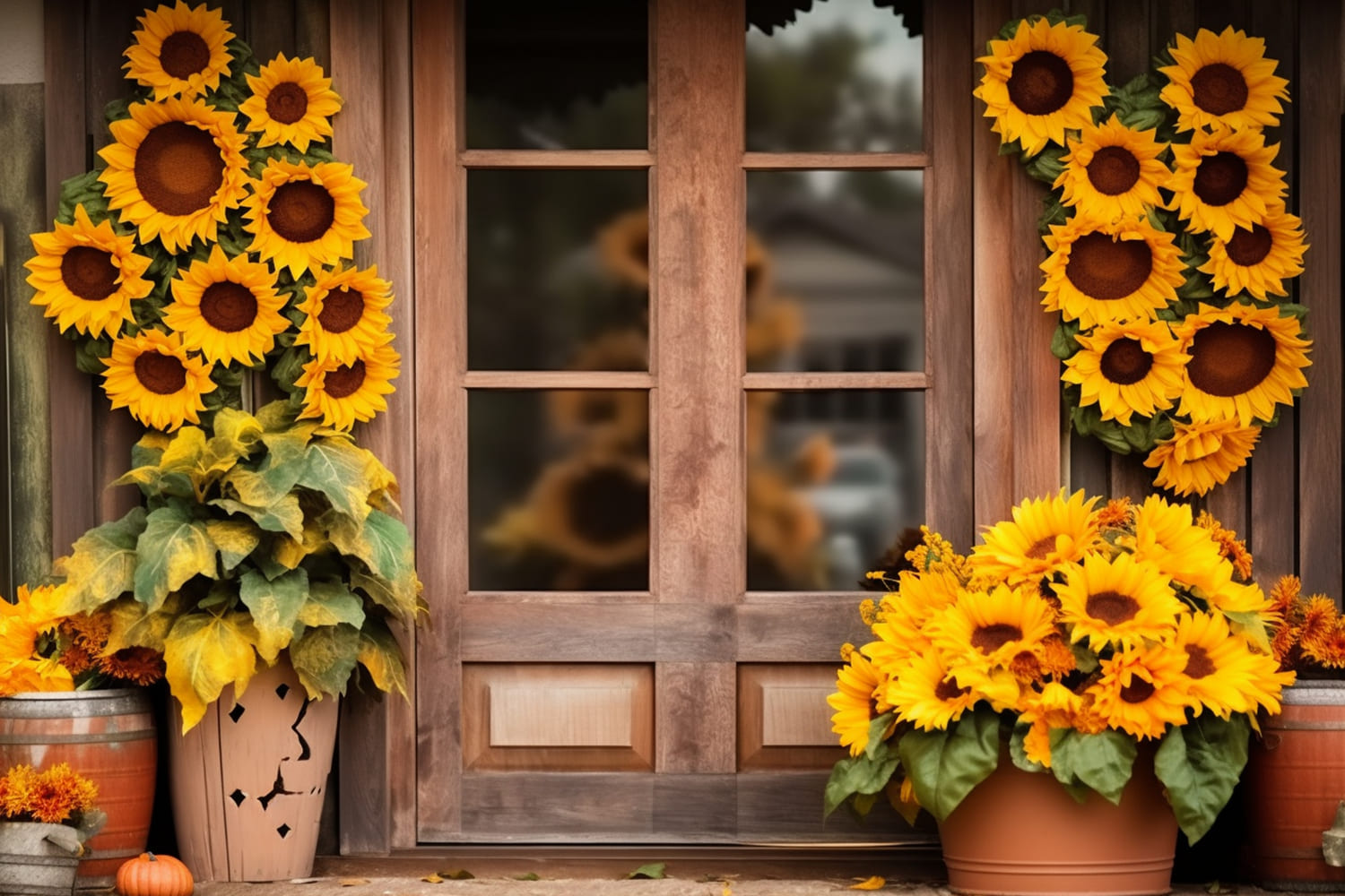 Sonnenblumen Holz Scheunentür Herbst Hintergrund RR7-136