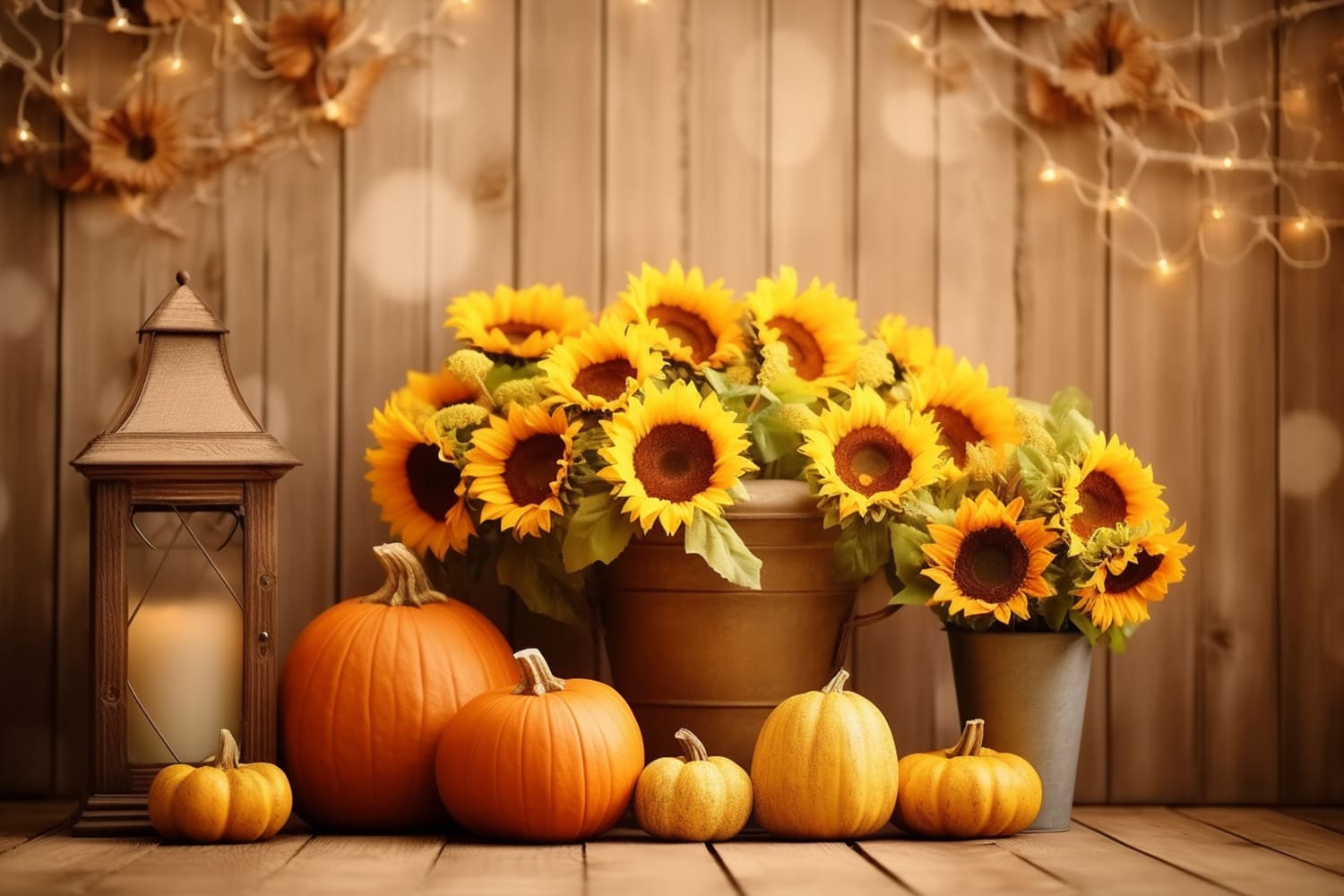 Herbstkürbisse Sonnenblumen Holz Hintergrund RR7-137