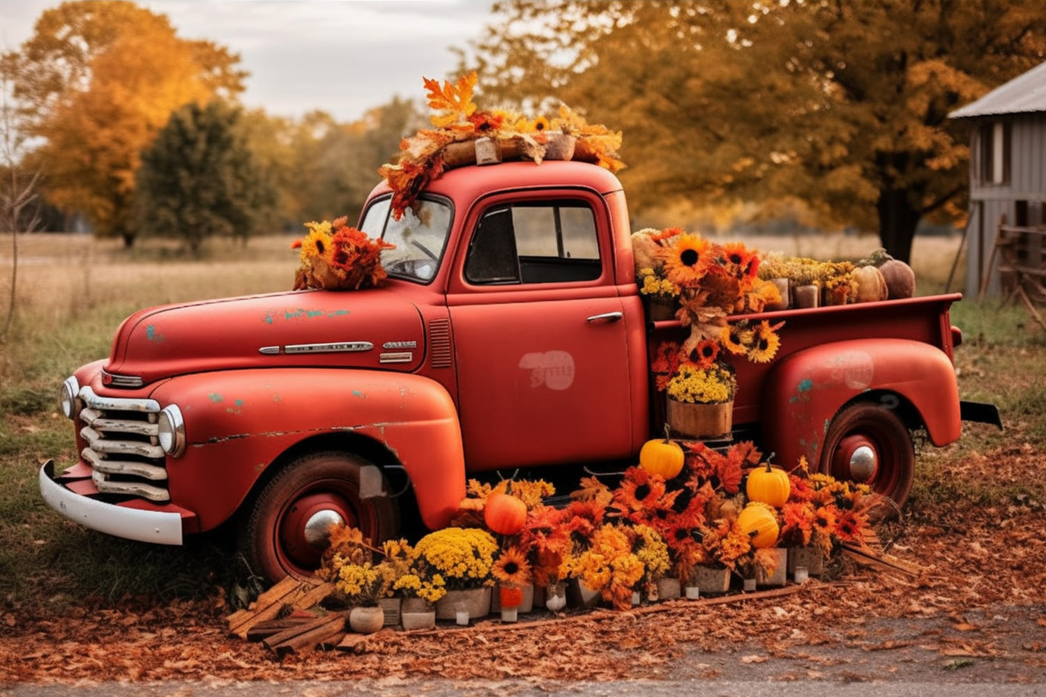 Herbst Rote LKW Blumen Kürbisse Hintergrund RR7-156