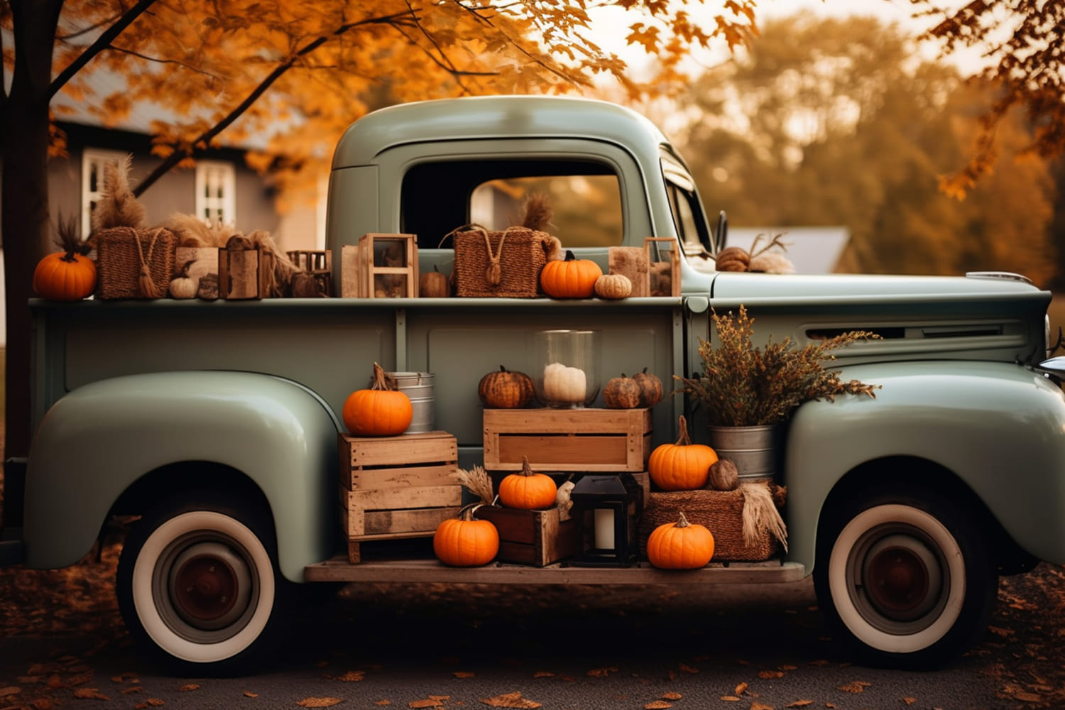 Herbst Kürbisse Ernte Retro LKW Hintergrund RR7-162