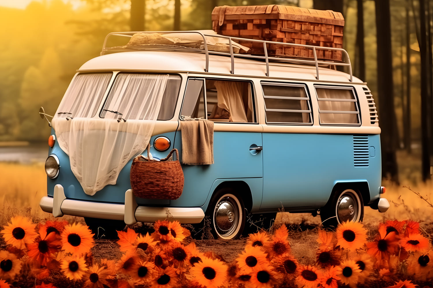 Herbst Sonnenblume Blau Weiß Auto Bus Hintergrund RR7-163