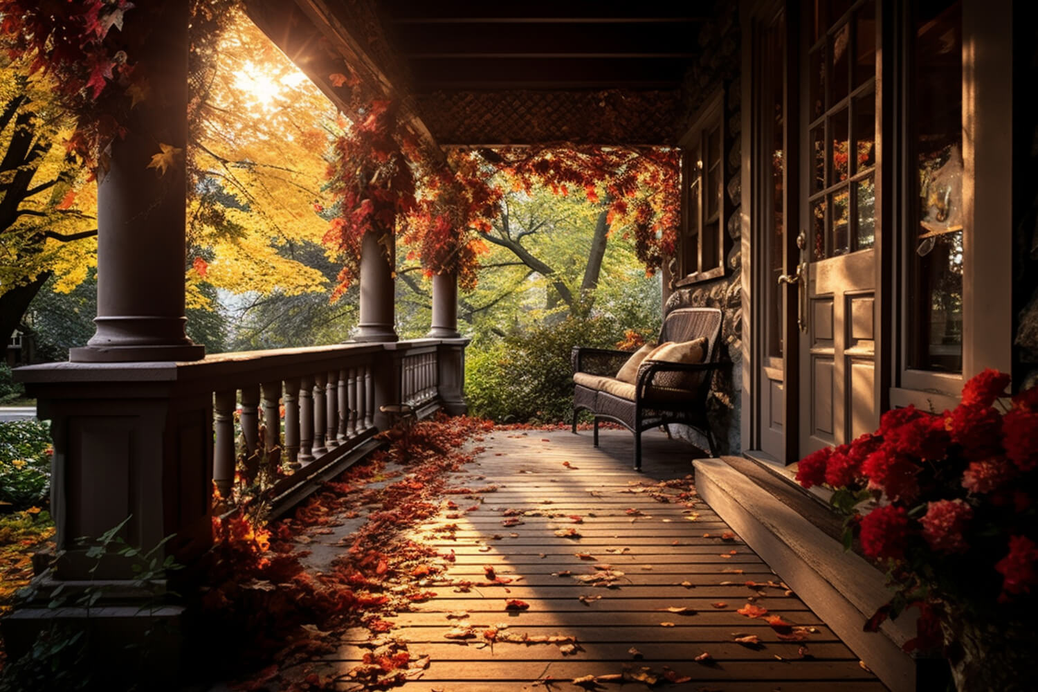 Gemütliche Herbstveranda Falling Leaves Hintergrund RR7-181