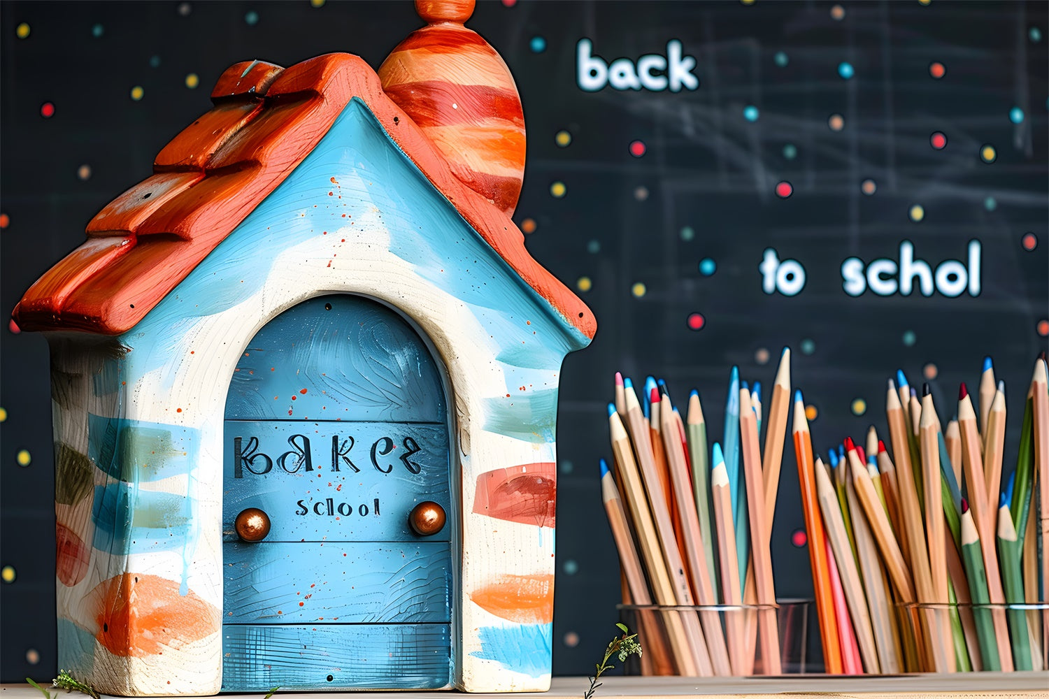 Back to School Kleines Haus Buntstifte Backdrop RR7-201