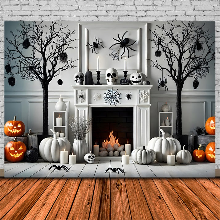 Halloween Kürbislaternen Spinne Weißer Kamin Backdrop RR7-274