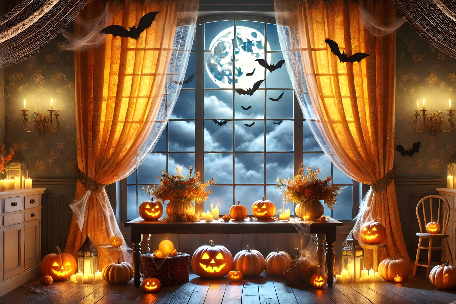 Halloween-Kürbislaternen Vollmond-Fensterhintergrund RR7-292