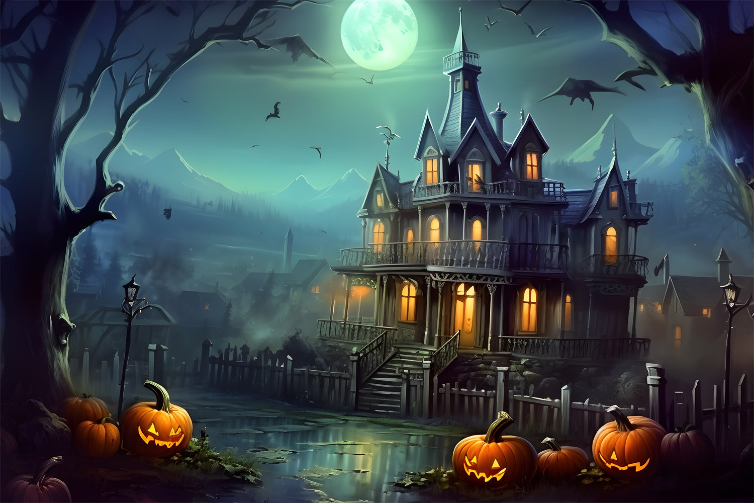 Geisterhaus Kürbislaternen Halloween Hintergrund RR7-306