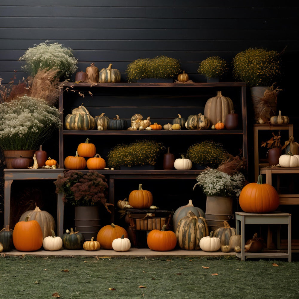 Gemütliches Herbstdisplay mit Kürbissen und Blumen RR7-314