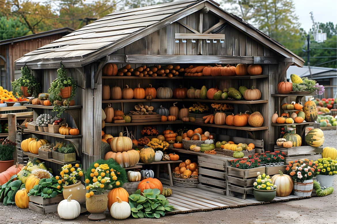 Rustikaler Herbst-Holzschuppen mit Kürbissen RR7-345