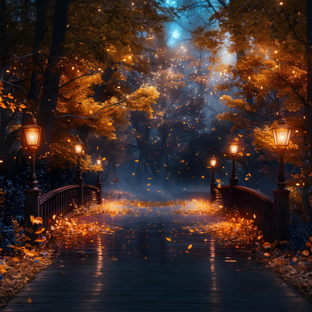 Magische Herbstnacht mit lampenbeleuchteter Brücke Hintergrund RR7-348