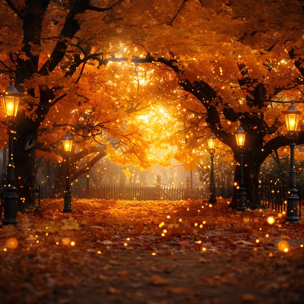 Herbstlicher Laternenpfad mit fallenden Blättern Hintergrund RR7-357