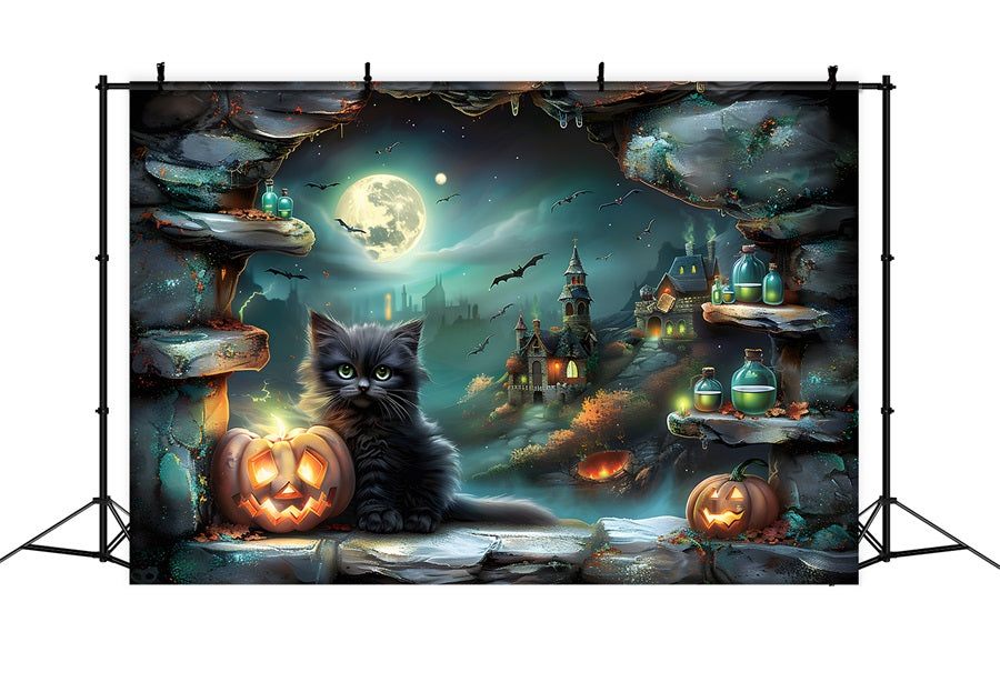 Halloween Enchanted Village Schwarze Katze Kürbisse Backdrop RR7-359