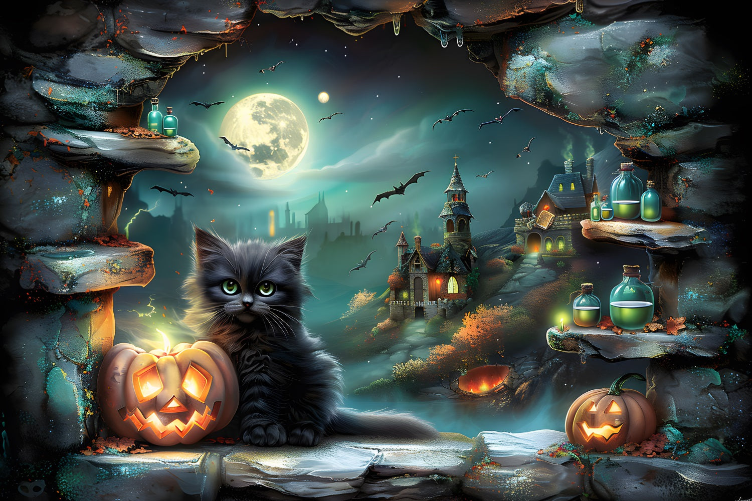 Halloween Enchanted Village Schwarze Katze Kürbisse Backdrop RR7-359