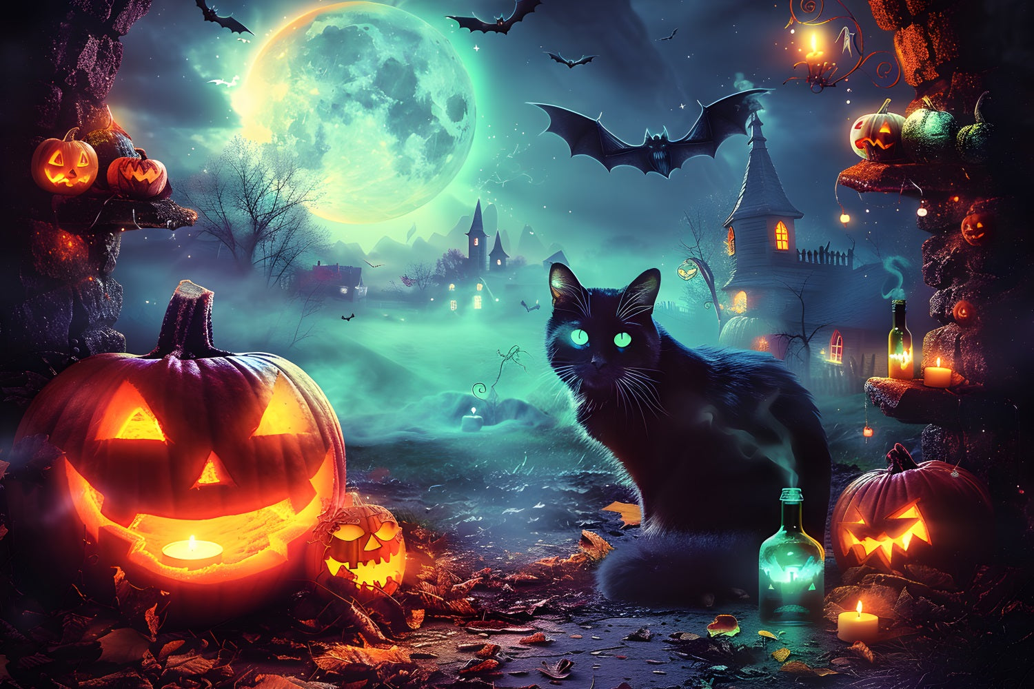 Halloween Enchanted Moonlit Village Glühende Katze Hintergrund RR7-361
