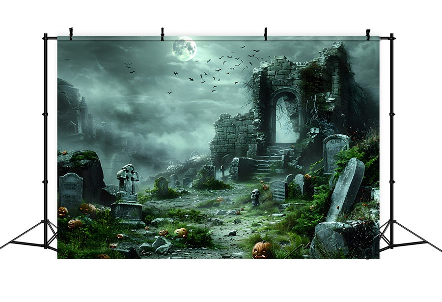 Halloween Geisterruine mit Kürbis-Friedhof Hintergrund RR7-373