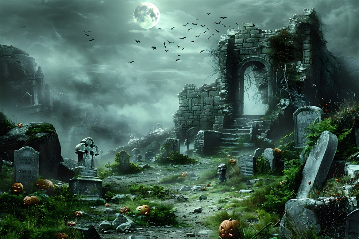 Halloween Geisterruine mit Kürbis-Friedhof Hintergrund RR7-373