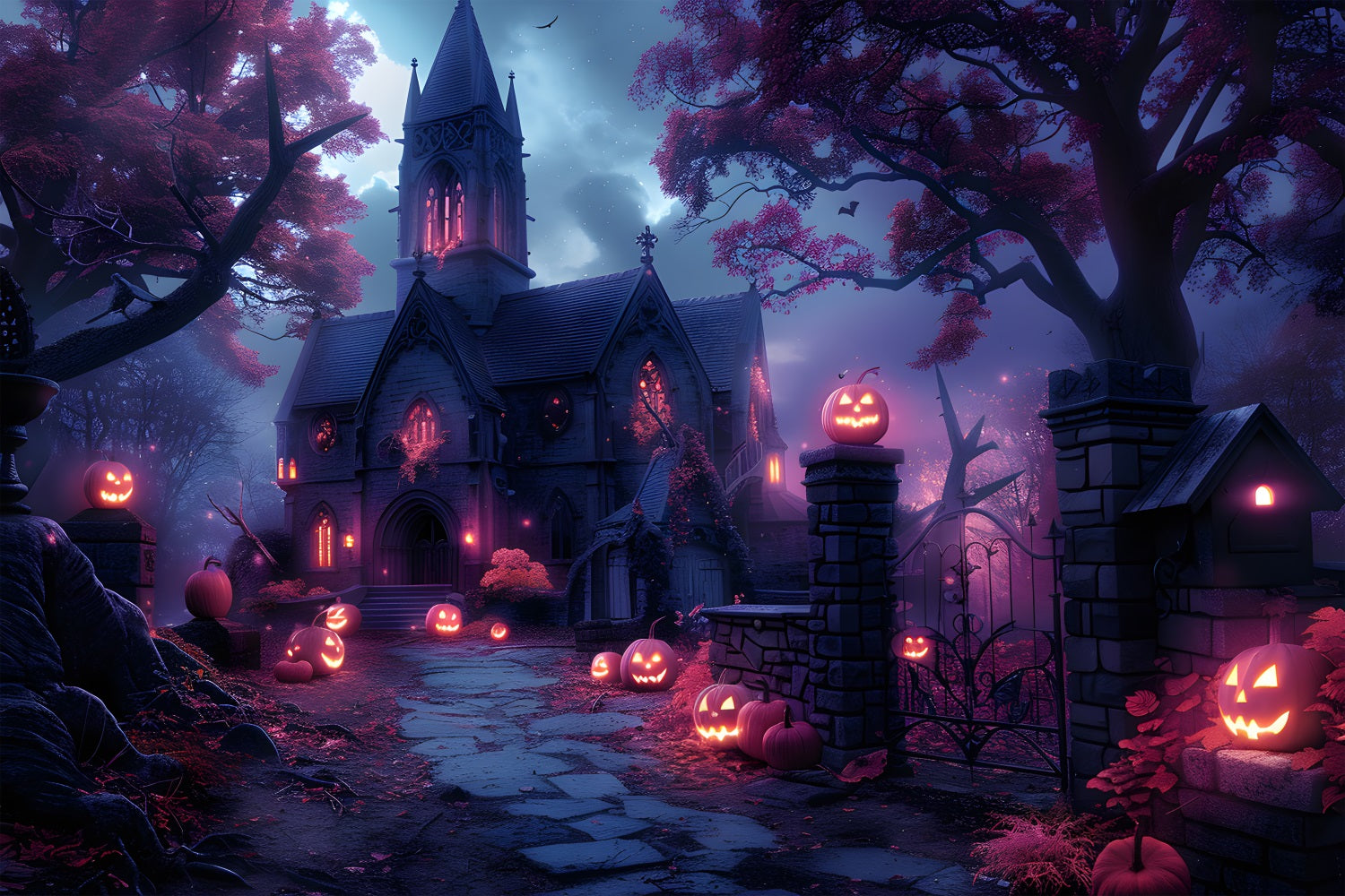Halloween Spukkirche mit Jack-o'-Lantern Pfad Kulisse RR7-375