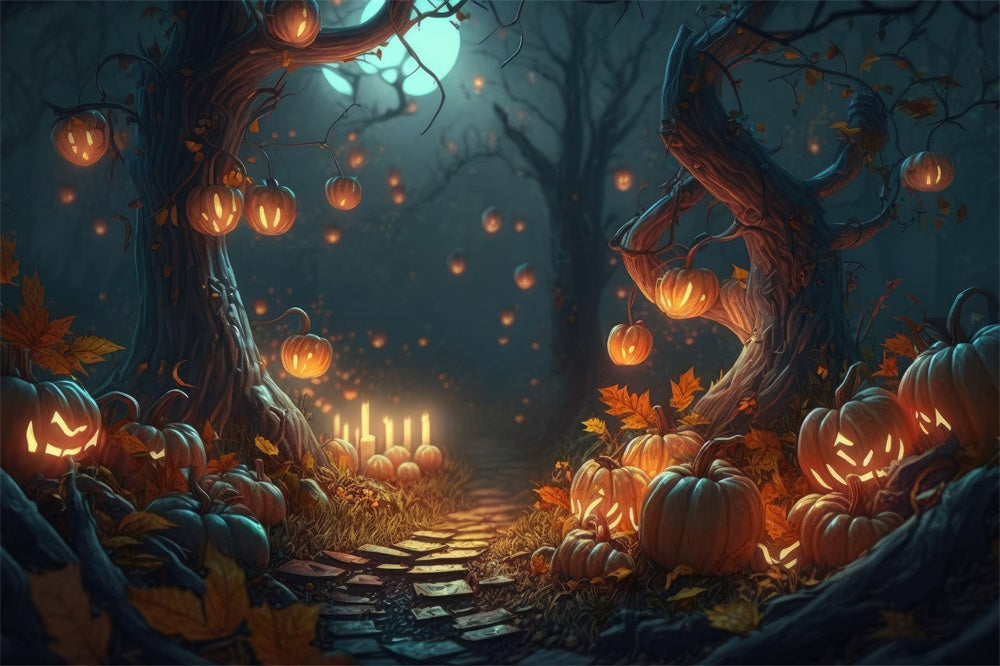 Halloween Wald Nacht Kürbisse Kerzen Hintergrund RR7-387