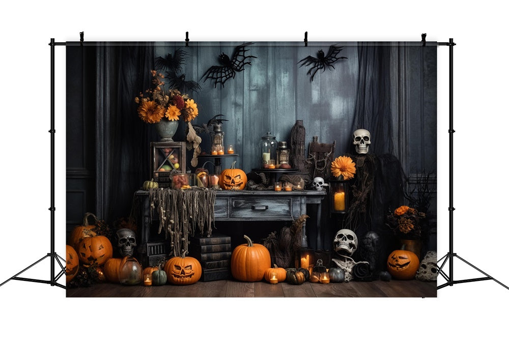 Gruselige Kürbisse Skelett Fledermäuse Halloween Backdrop RR7-404