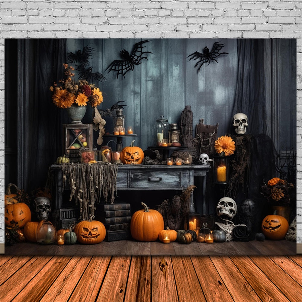 Gruselige Kürbisse Skelett Fledermäuse Halloween Backdrop RR7-404