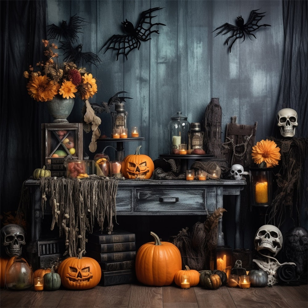 Gruselige Kürbisse Skelett Fledermäuse Halloween Backdrop RR7-404