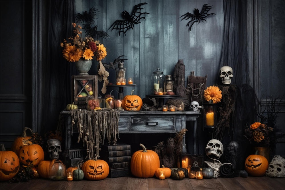 Gruselige Kürbisse Skelett Fledermäuse Halloween Backdrop RR7-404