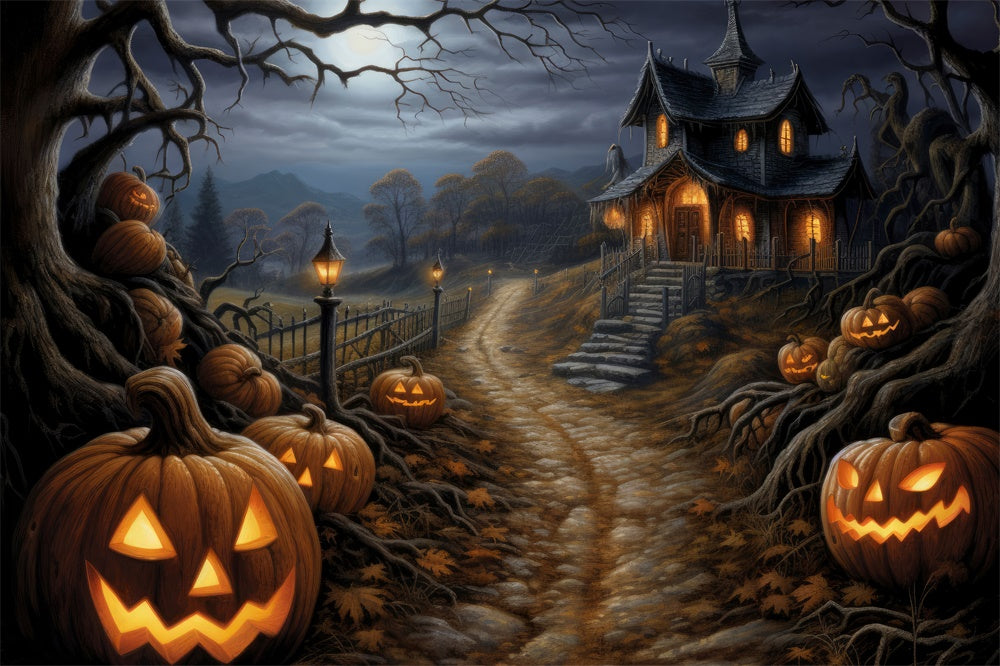 Halloween Horror Wald Hütte Kürbis Kulisse RR7-439