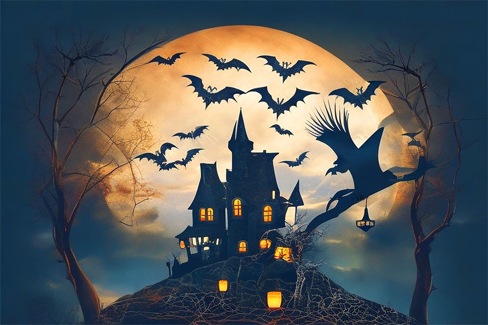 Halloween Vollmond Schloss Fledermäuse Hexe Backdrop RR7-479