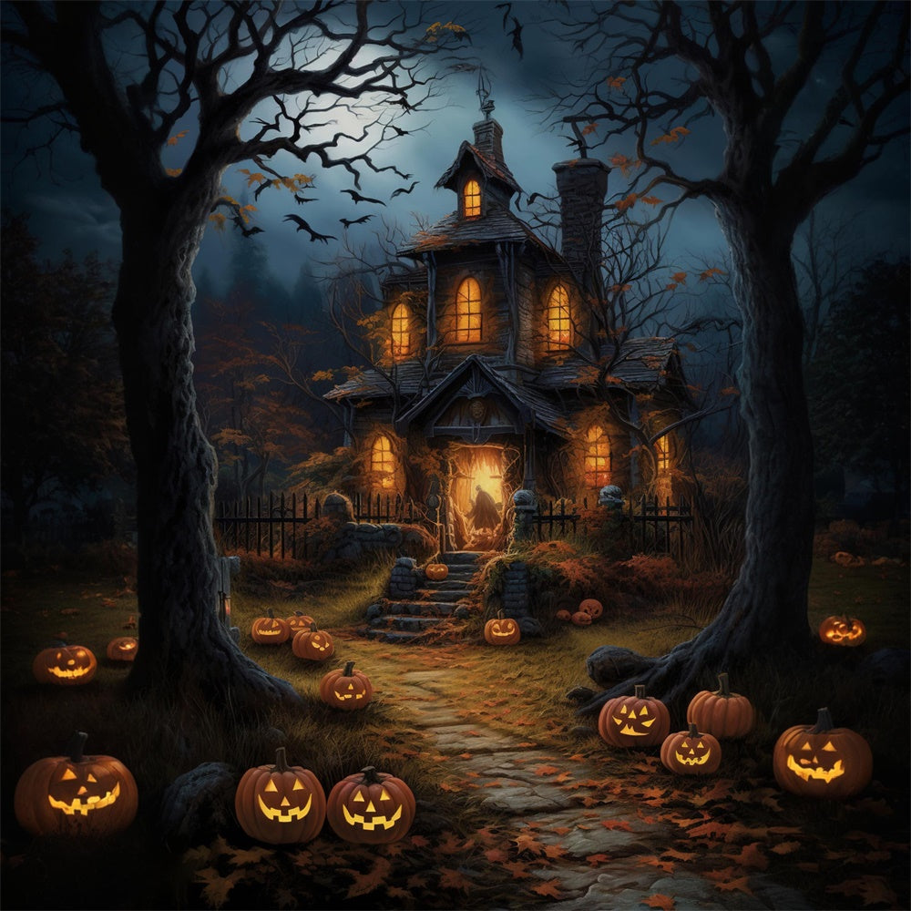 Halloween Nacht Wald Gespenstisches Haus Hintergrund RR7-517