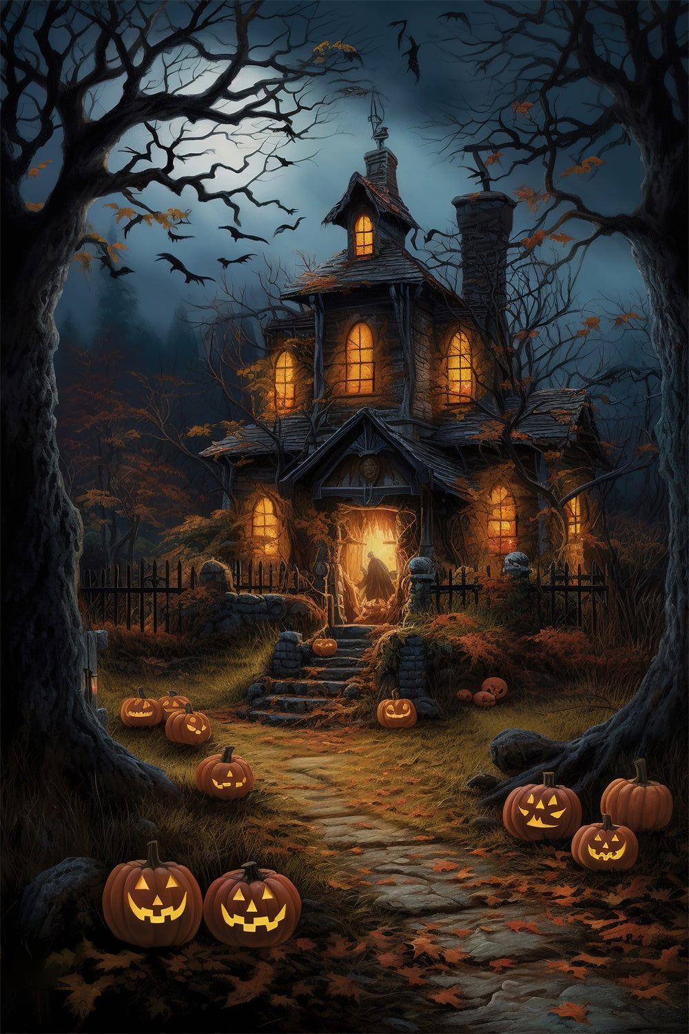 Halloween Nacht Wald Gespenstisches Haus Hintergrund RR7-517