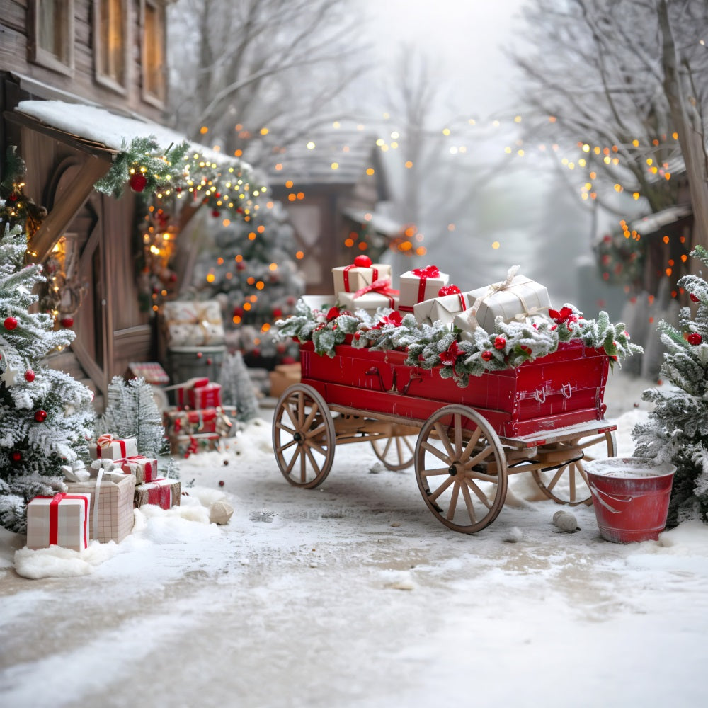 Weihnachtlicher Geschenkewagen im Dorf Hintergrund RR7-595