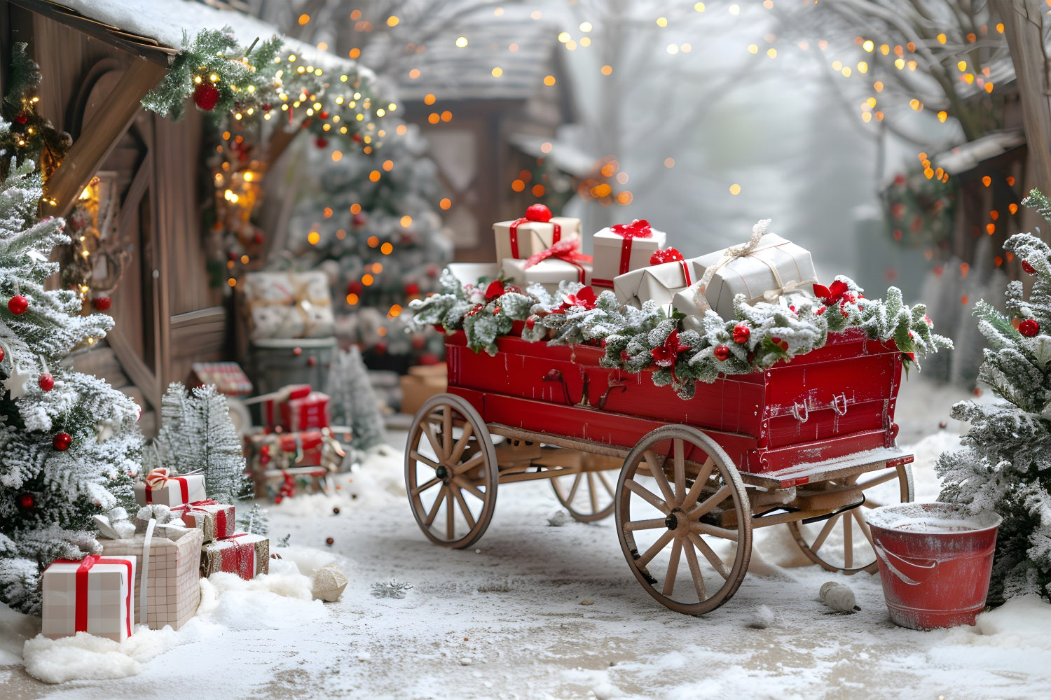 Weihnachtlicher Geschenkewagen im Dorf Hintergrund RR7-595