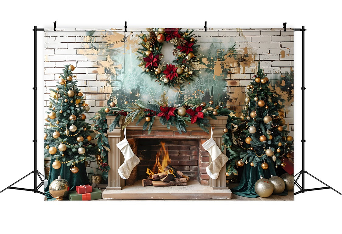 Weihnachten Eleganter Kamin Gold Ornamente Hintergrund RR7-626