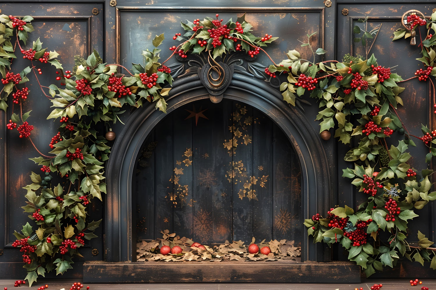 Weihnachten Stechpalme Beeren Kamin Hintergrund RR7-628