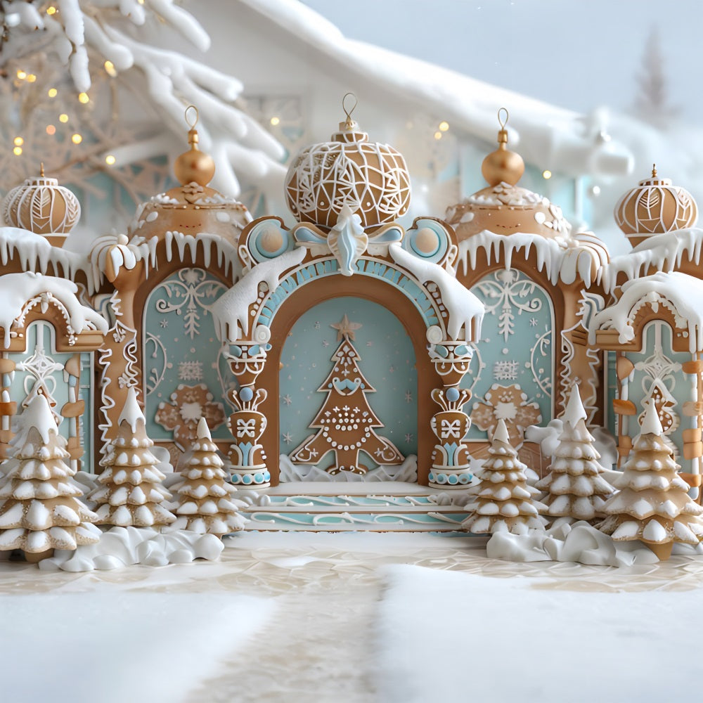 Weihnachten Lebkuchen Schloss Schnee bedeckte Bäume Hintergrund RR7-662