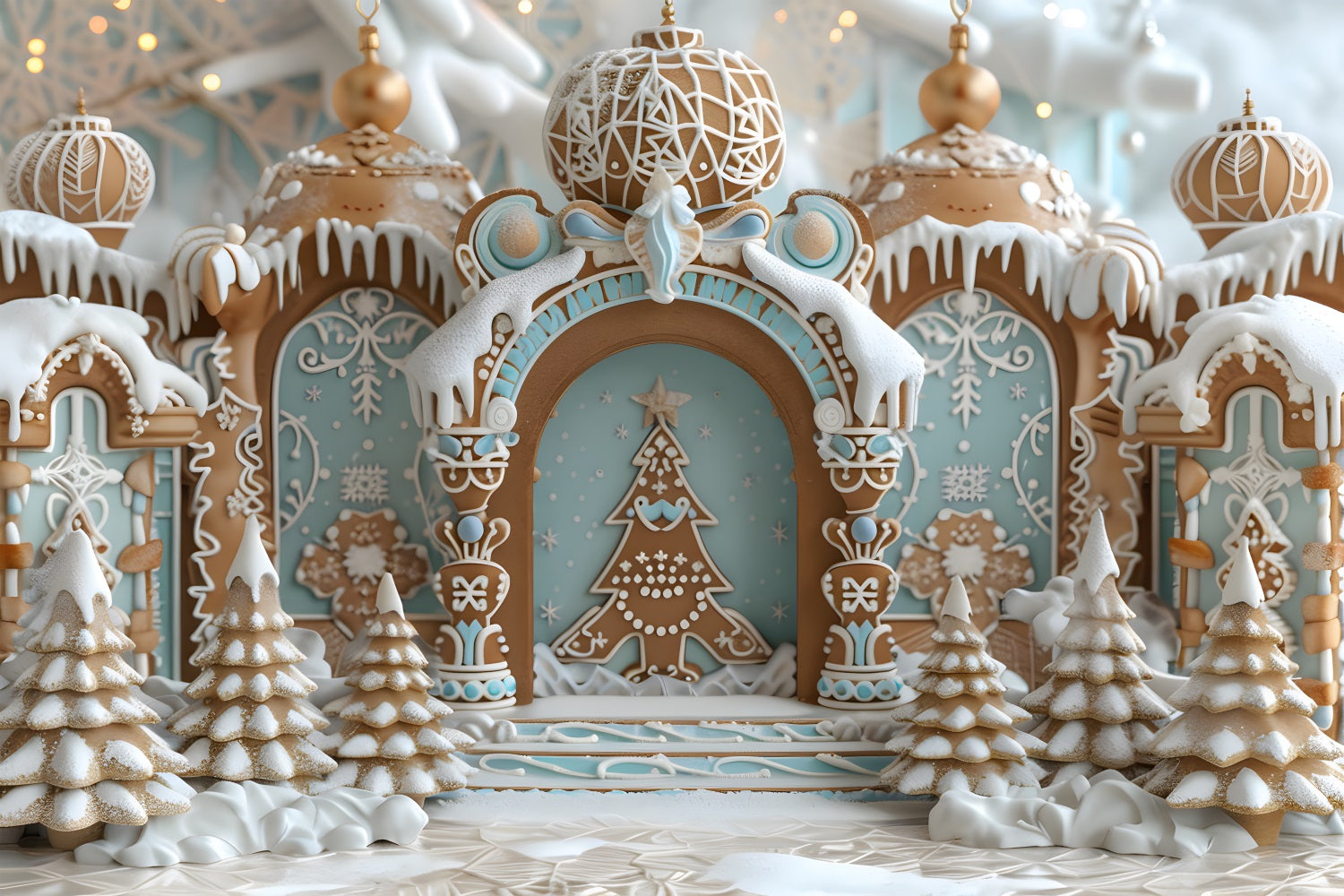 Weihnachten Lebkuchen Schloss Schnee bedeckte Bäume Hintergrund RR7-662