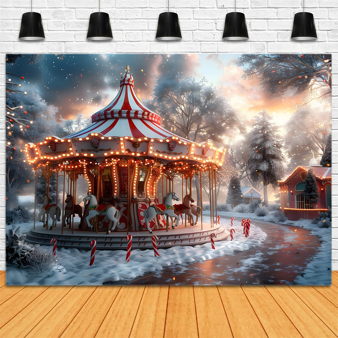 Weihnachten Karussell in der Abenddämmerung Winter Wonderland Hintergrund RR7-675