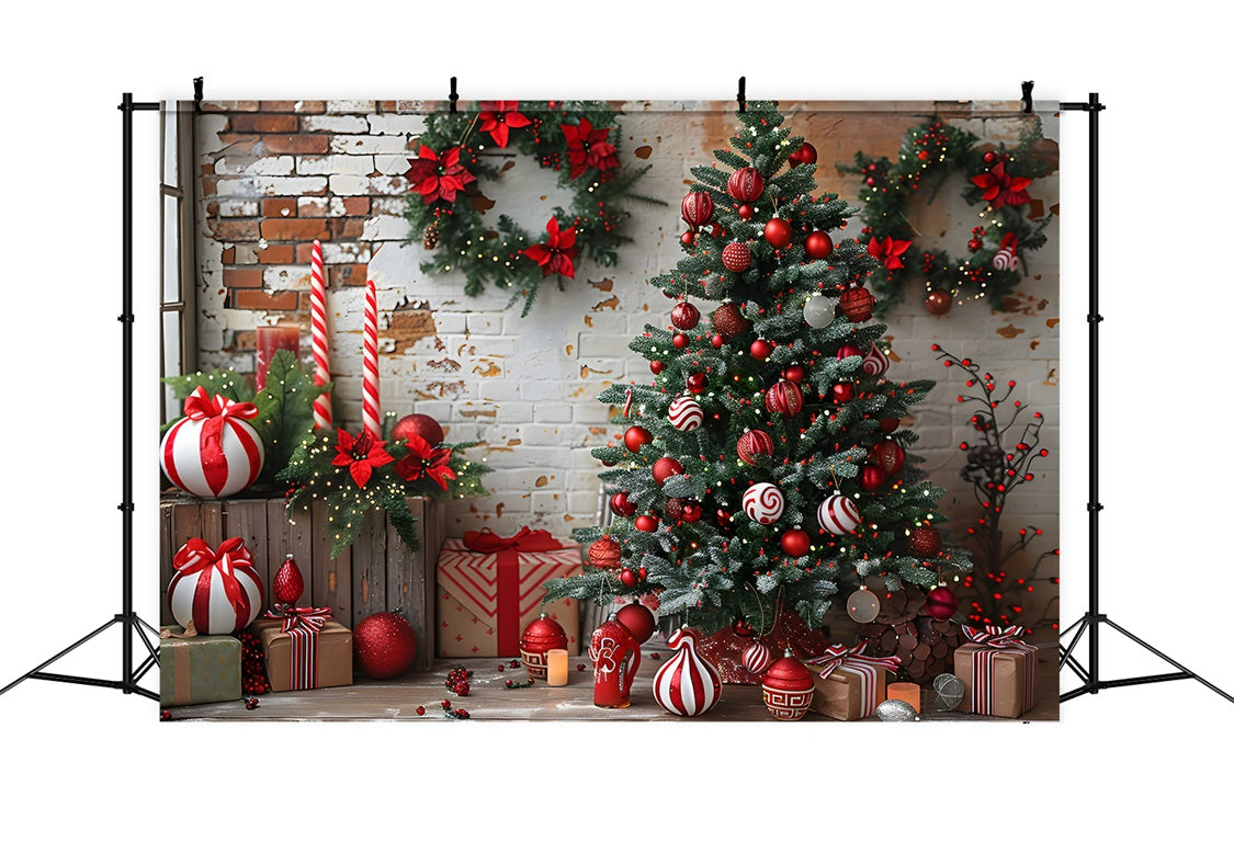 Weihnachten Rustikale Backsteinmauer Rot Weiß Dekorationen Hintergrund RR7-676