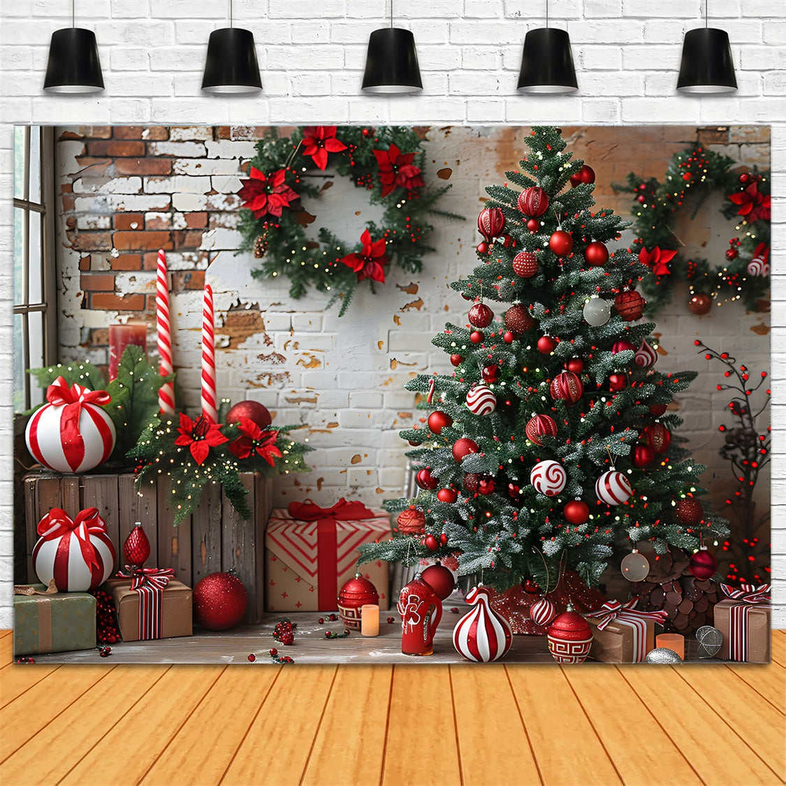 Weihnachten Rustikale Backsteinmauer Rot Weiß Dekorationen Hintergrund RR7-676