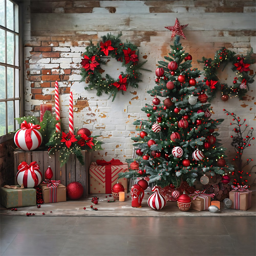 Weihnachten Rustikale Backsteinmauer Rot Weiß Dekorationen Hintergrund RR7-676