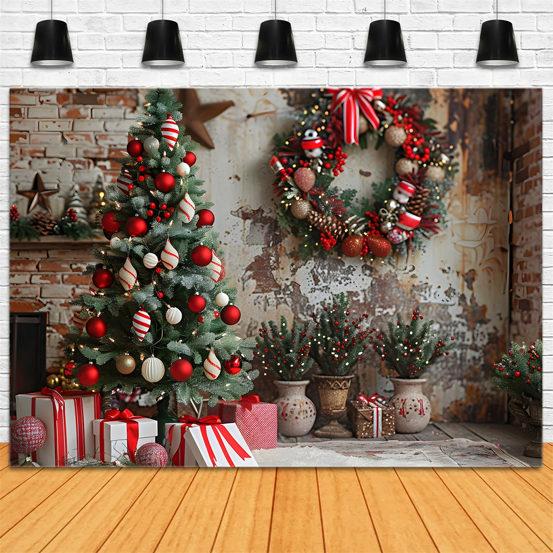 Weihnachten Gemütliche Backsteinmauer Rustikale Ornamente Hintergrund RR7-678
