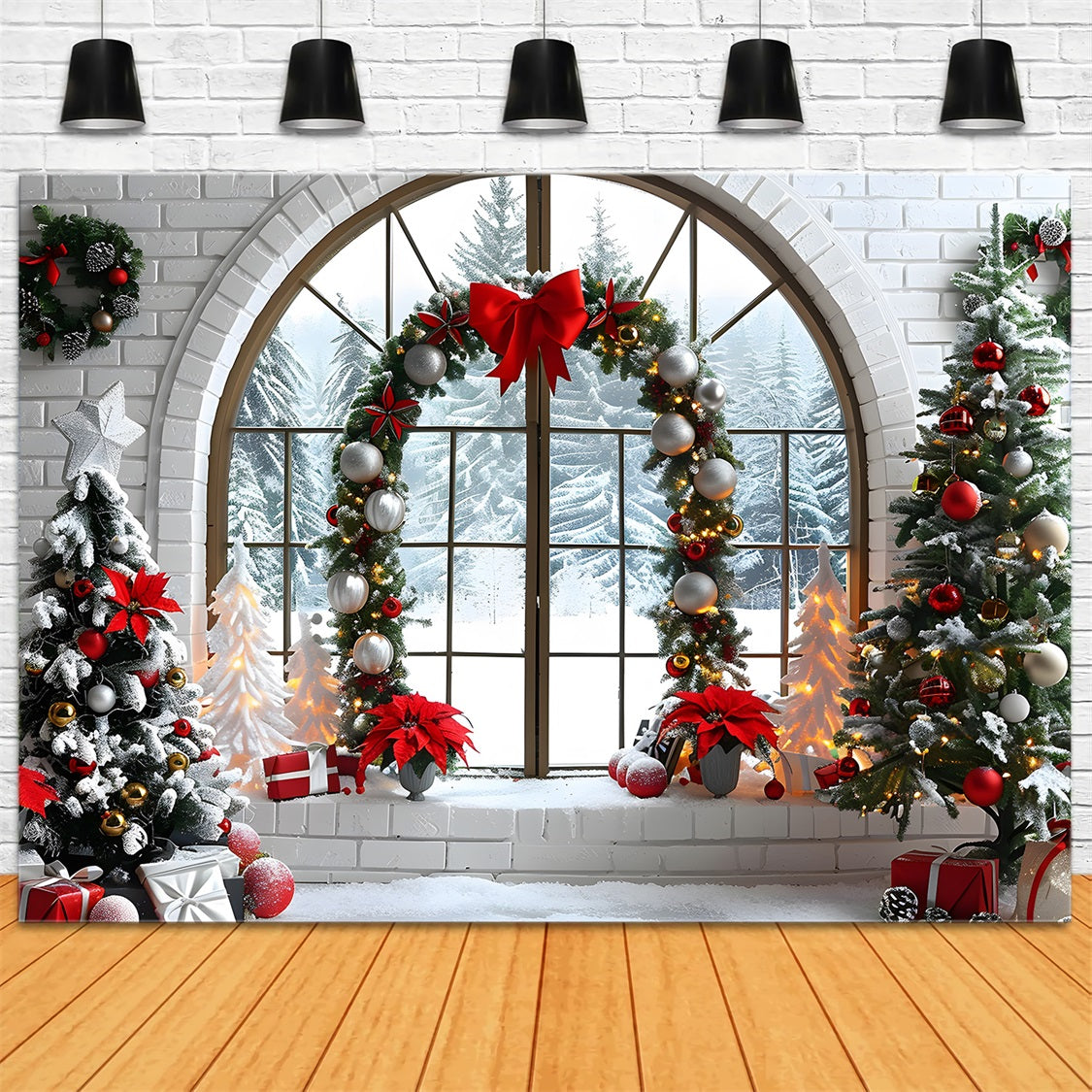 Weihnachten Gewölbte Fenster Verschneite Waldansicht Hintergrund RR7-693
