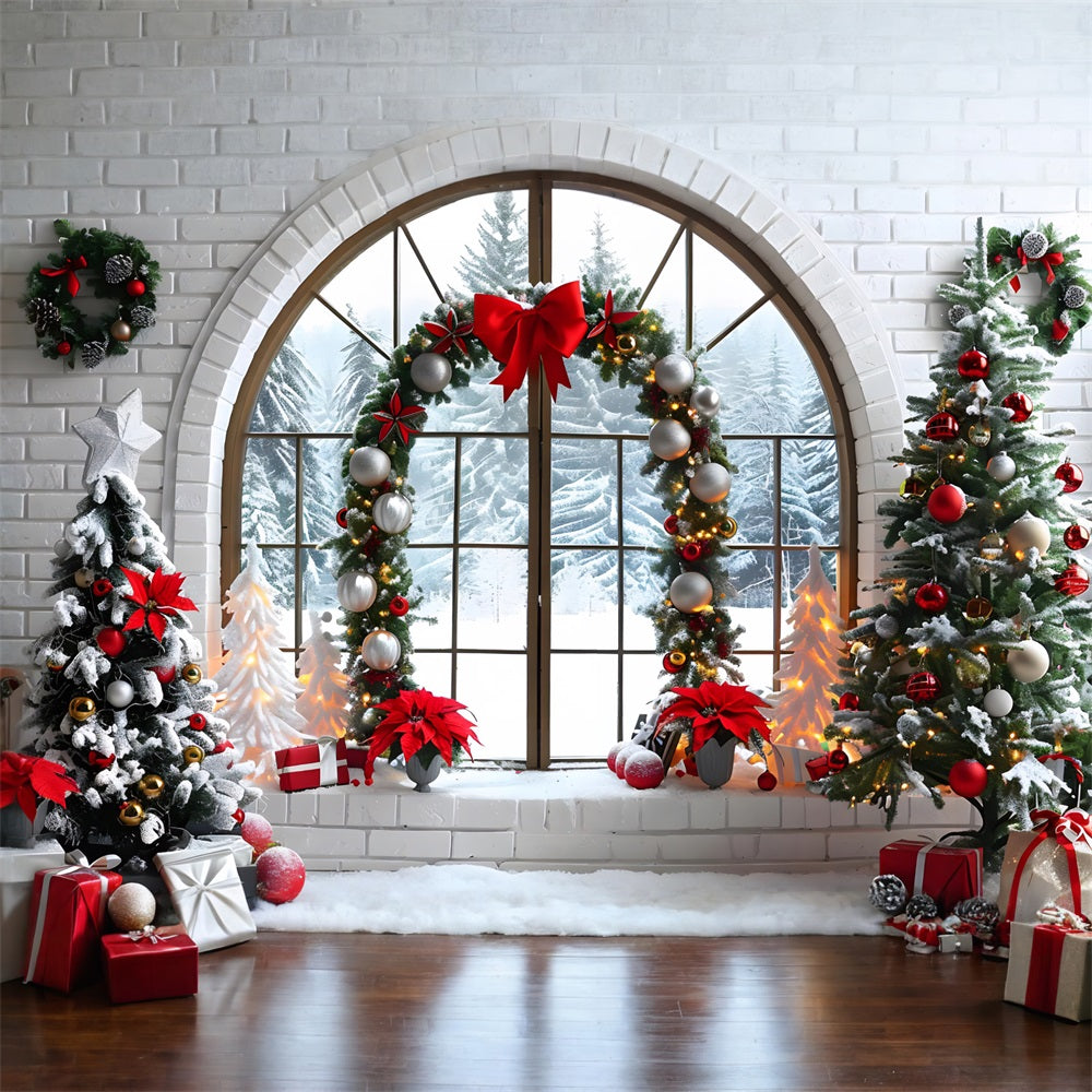 Weihnachten Gewölbte Fenster Verschneite Waldansicht Hintergrund RR7-693
