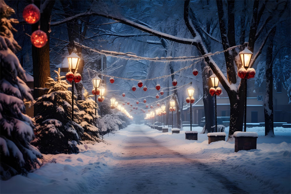 Verschneite Dorfstraße Weihnachtsbaum Hintergrund RR7-735