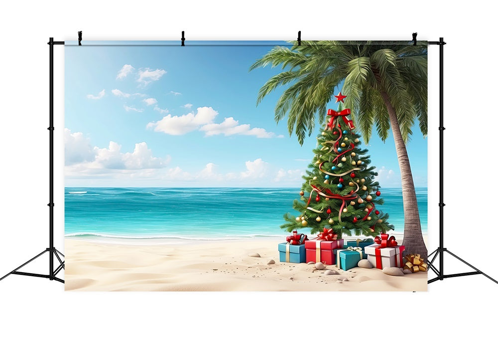 Weihnachtsbaum Geschenkboxen Strand Hintergrund RR7-772