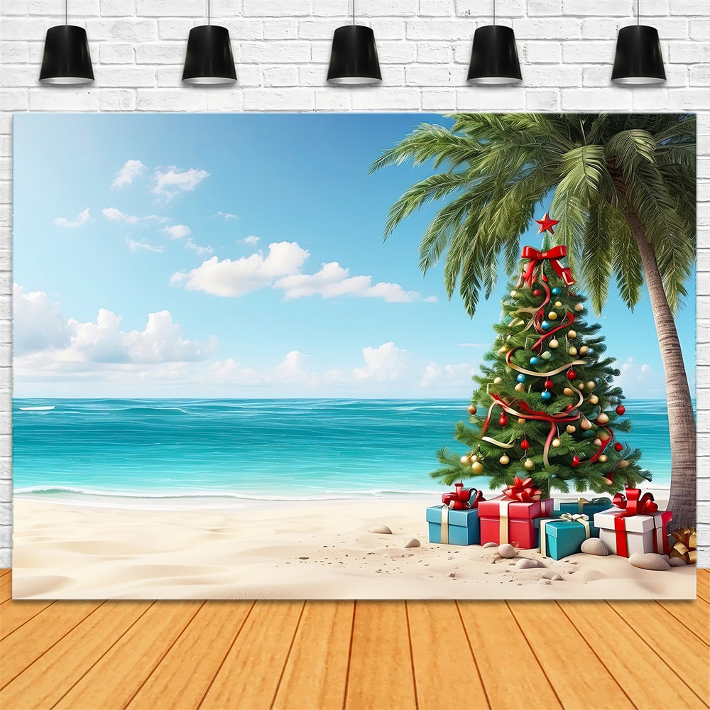 Weihnachtsbaum Geschenkboxen Strand Hintergrund RR7-772