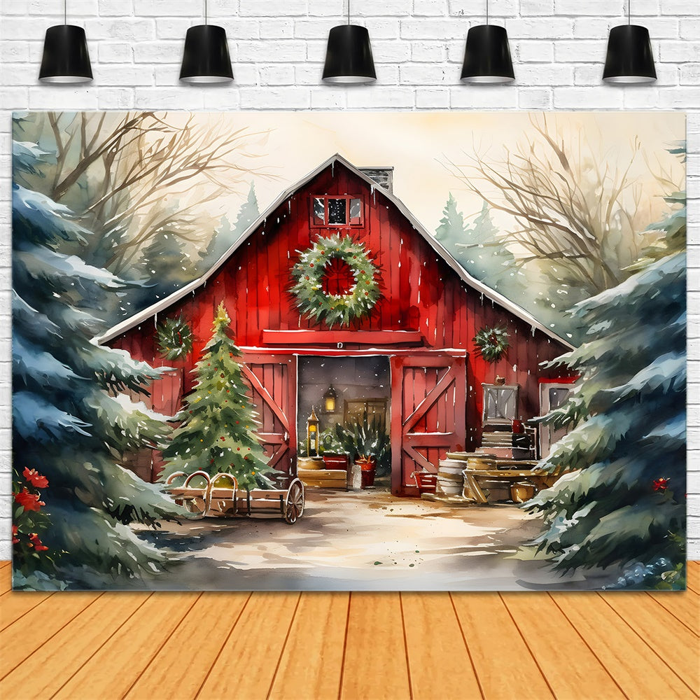 Aquarell Holzhaus Weihnachtsbaum Hintergrund RR7-774