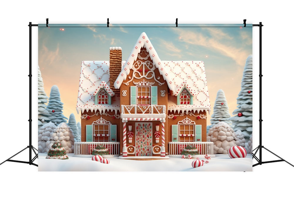 Schnee Weihnachtsbaum Lebkuchenhaus Hintergrund RR7-806