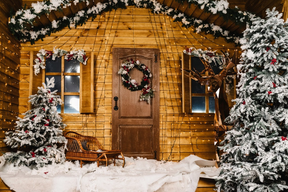 Schnee Weihnachtsbaum Holzhaus Hintergrund RR7-826